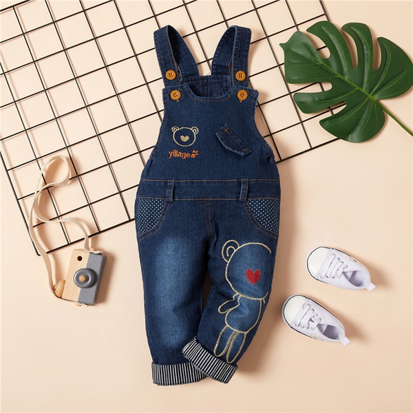 Baby Cute Bear Embroidery Denim Overalls with Pocket
