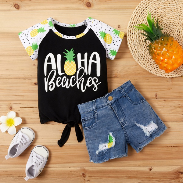 Sunflower Print Bow Front Tee and Denim Shorts Set