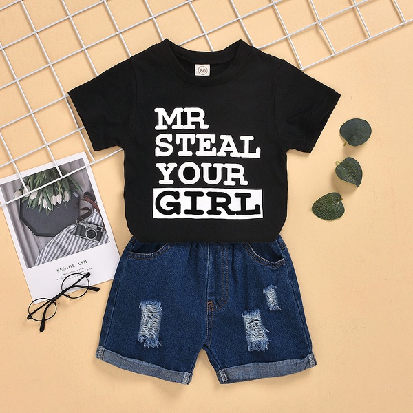 Baby Casual Letter Print Top and Ripped Denim Shorts Set