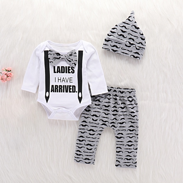 3-piece Baby Boy LADIES I HAVE ARRIVED Print Bow Bodysuit and Moustache Pants with Hat Set