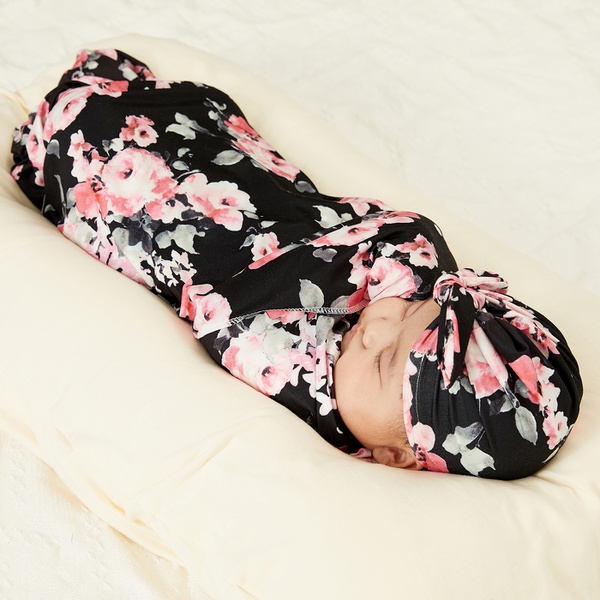 Floral Print Baby Swaddle and Hat Set