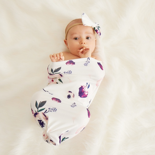 Elegant Floral Print Sleeping Baby Bag and Headband Newborn Swaddle Blanket Wrap