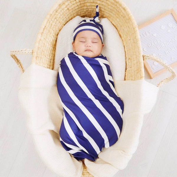 2 Pcs Cotton Stripe Cute Baby Blanket and Hat Bedding Sleeping Bag Infant Gift Baby Swaddle Blanket