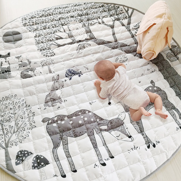 Cartoon Forest Deer Animal Baby Play Mats Newborn Infant Crawling Blanket Cotton Round Floor Carpet