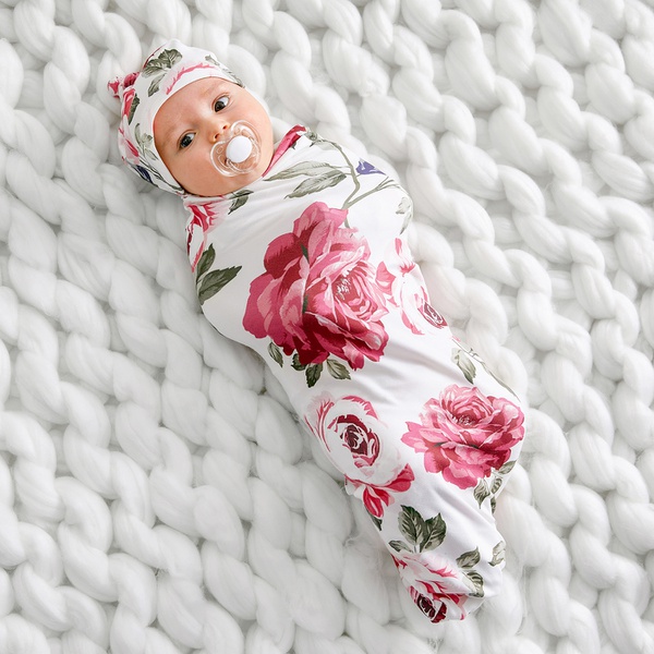 Rose Print Swaddle Blanket and Hat