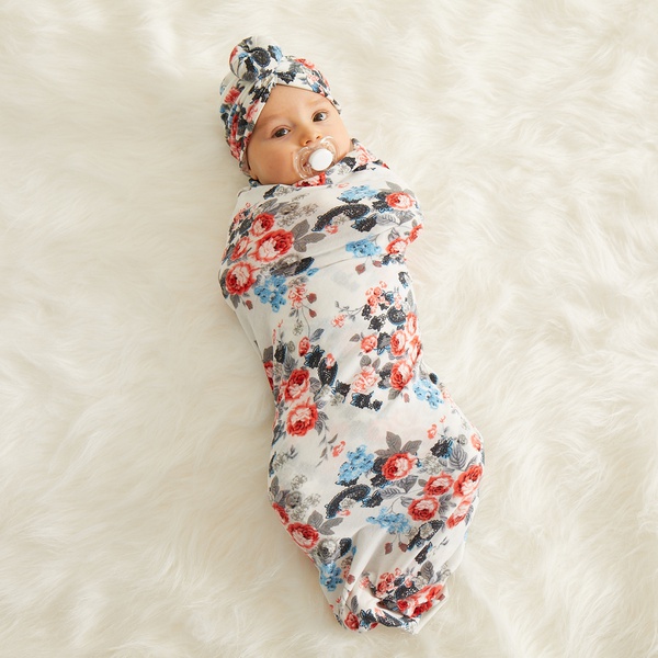 Allover Floral Swaddle Blanket and Hat