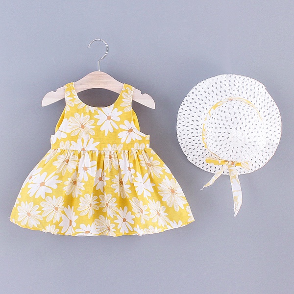 Baby Daisy Print Bowknot Decor Dress with Straw Hat
