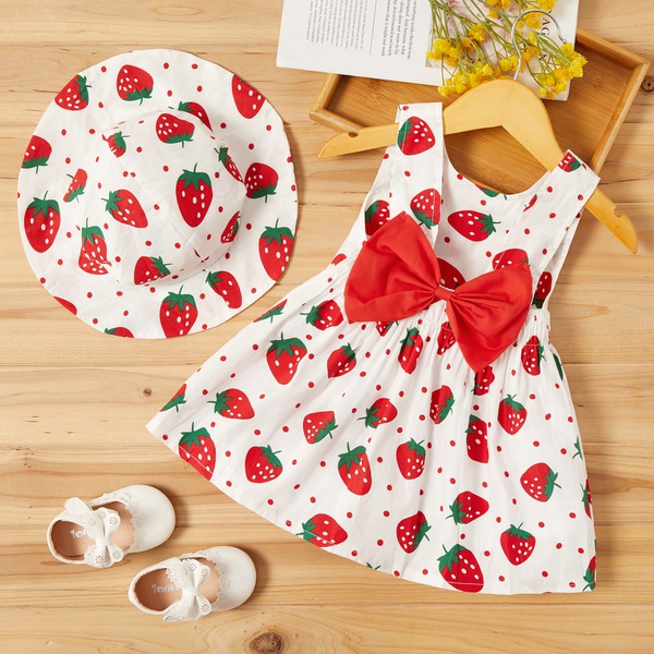 Baby Strawberry Print Dresses with Hat Set
