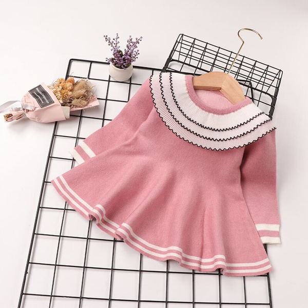 Baby Sweet Solid Striped Doll Collar Long-sleeve Dress