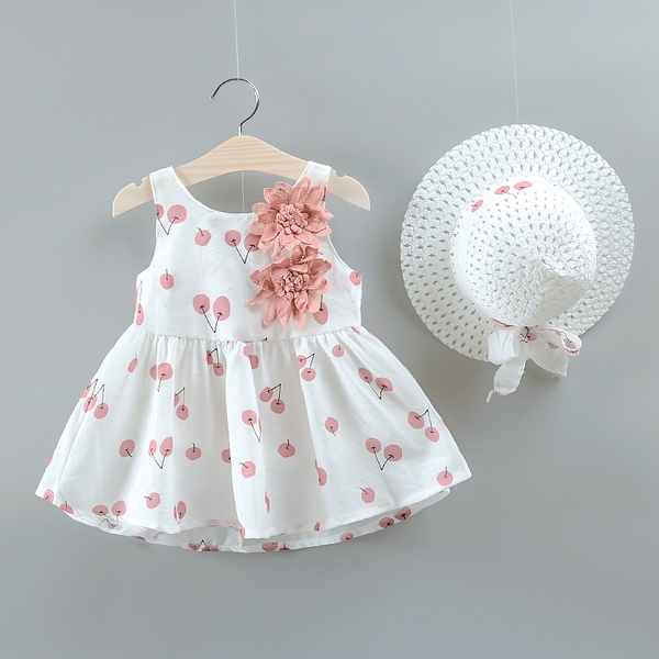 2-piece Baby / Toddler Fruit Apple Cherry Allover Flower Applique Dress and Hat Set