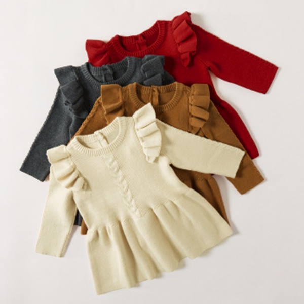 Baby Flounced Solid Kintted Dresses