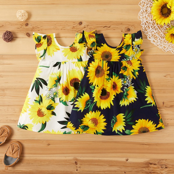 Baby Comfy Ruffled-sleeve Sunflower Print Dress