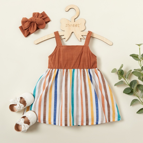 Baby Girl Cute Striped Print Strappy Dress with Headband