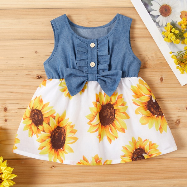 Baby / Toddler Denim Splice Bowknot Sunflower Dress