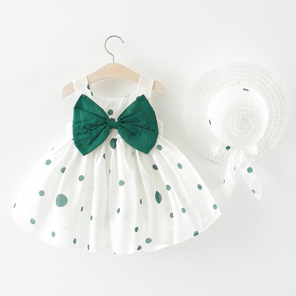 Front Big Bow Polka Dot Dress with Hat
