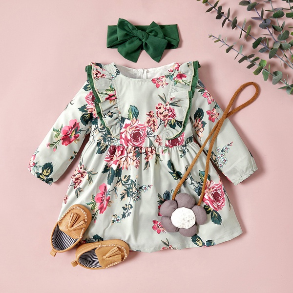 Baby / Toddler Girl Floral Print Long-sleeve Dress with Solid Headband