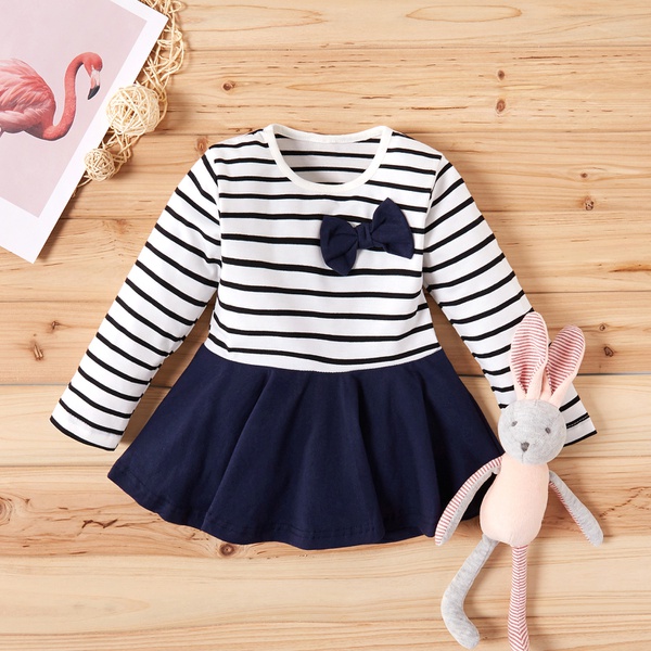 Baby / Toddler Bowknot Decor Long-sleeve Striped Dress
