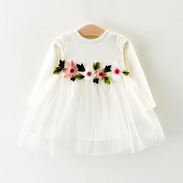 Jersey Cotton Long-sleeve Tutu Dress with Flower Decor Waist for Baby and Toddler Girls