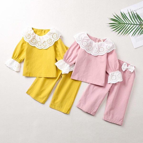 Baby / Toddler Pretty Lace Hollow Out Top and Bowknot Decor Pants Set