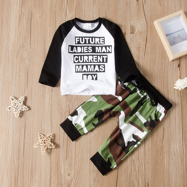 Baby Casual Letter Print Top and Camouflage Pants Print