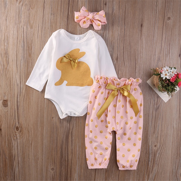 Cute Rabbit Bodysuit Polka Dots Pants and Headband Set for Baby Girl