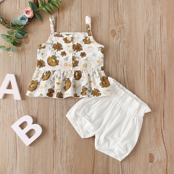 Baby Girl Floral Printed Comfy Strap Top and Pants Set Baby Girl Comfy Floral Print Strappy Top and Shorts Set