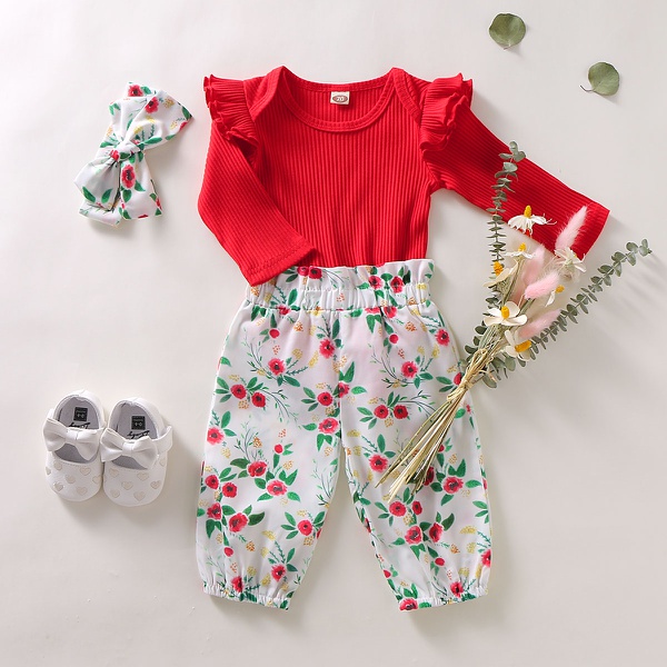 3-piece Baby Girl Solid Ruffled Shoulder Bodysuit and Floral Pants with Headband Set