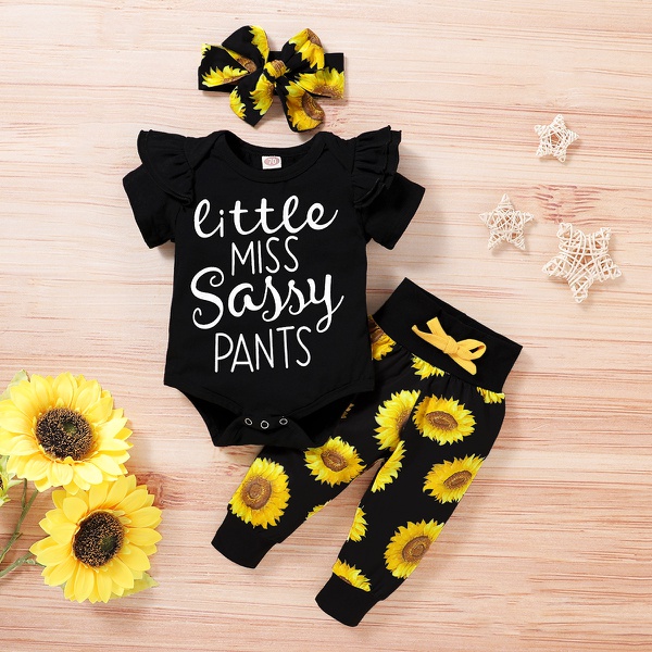 Baby Letter Print Bodysuit and Sunflower Print Pants Set with Headband