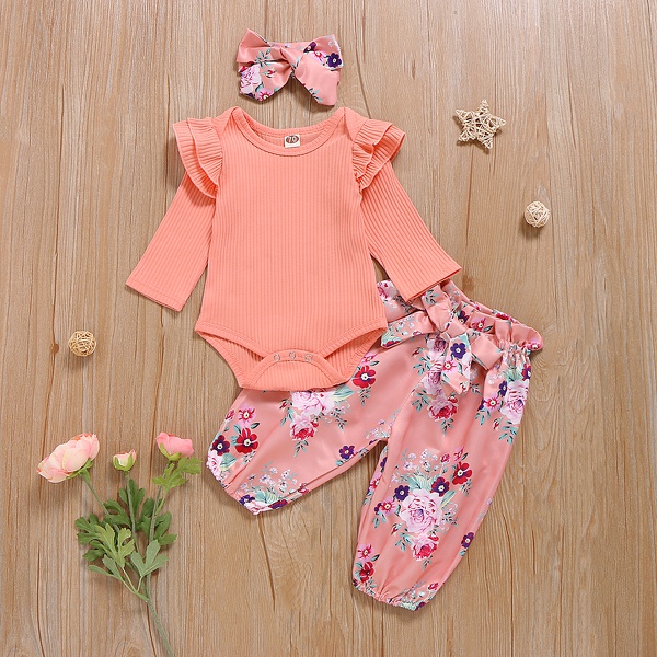 3-piece Baby Girl Solid Flutter-sleeve Bodysuit and Floral Pants with Headband Set