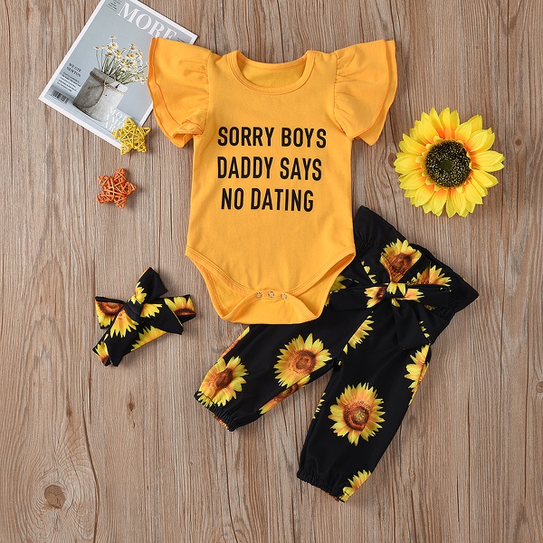 3-piece Letter Print Bodysuit and Sunflower Print Pants Set