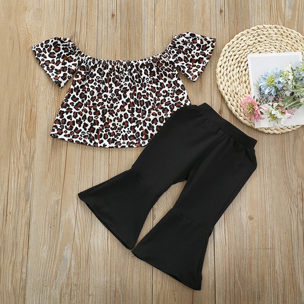 Leopard Print Short-sleeve Top and Bellbottom Pants Set