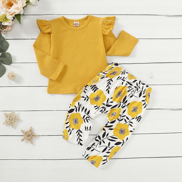 Solid Top and Sunflower Print Pants Set