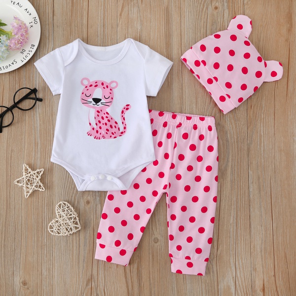 3-piece Baby Pretty Leopard Print Polka Dots Romper and Pants with Hat Set