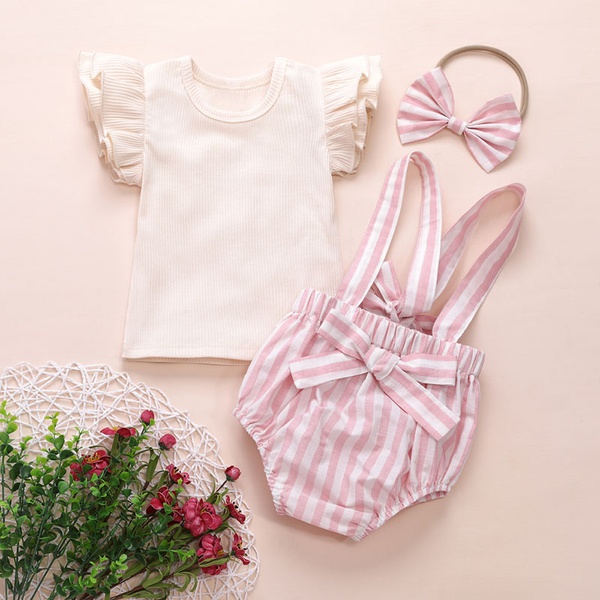 3-piece Solid Flutter-sleeve Top and Suspender Shorts Set