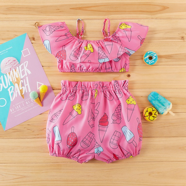 Baby / Toddler Strappy Ice Cream Print Flounced Collar Top and Shorts Set Price Old price$29.9