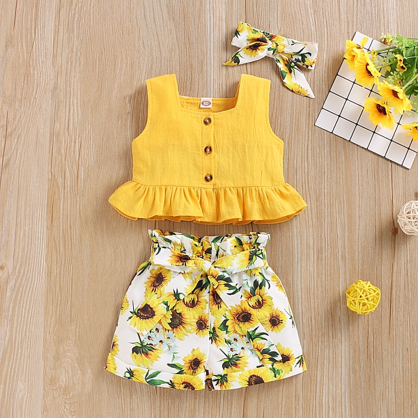 3-piece Babe Solid Top and Sunflower Allover Shorts with headband Set