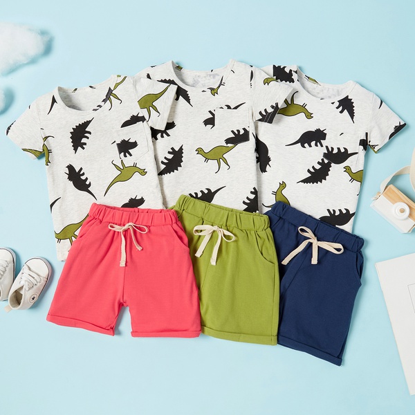 Dinosaur Allover Top and Solid Shorts Sets