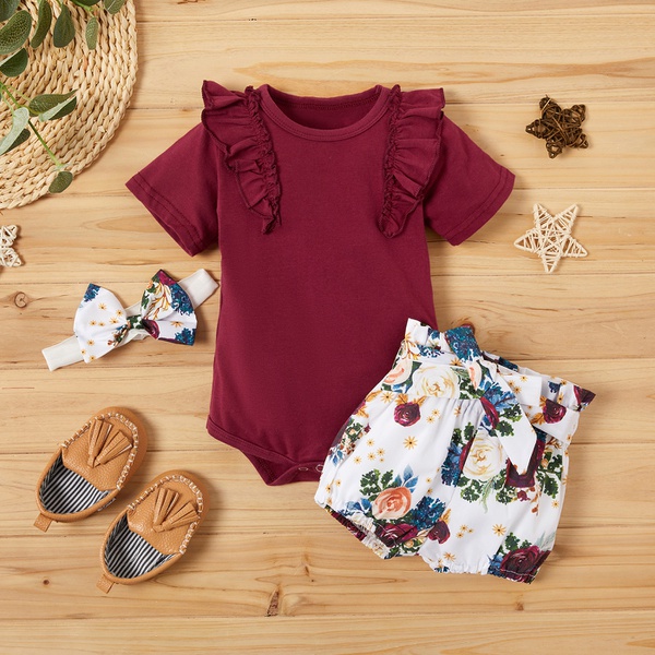 3-piece Solid Short-sleeve Bodysuit and Allover Shorts Set