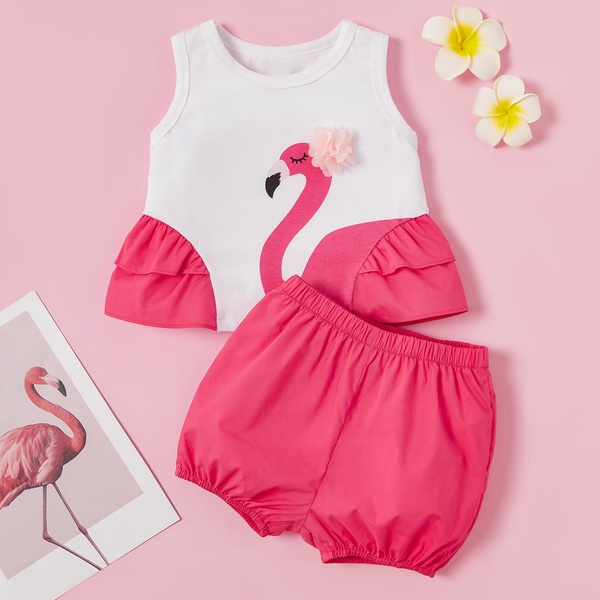 Baby / Toddler Flamingo Print Ruffled Top and Shorts Set