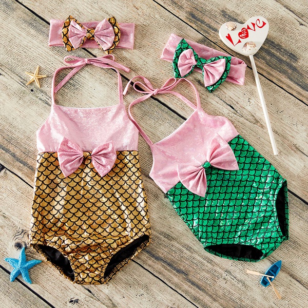 2-piece Baby / Toddler Girl Stylish Mermaid Scale Print Swimsuit and Headband Set