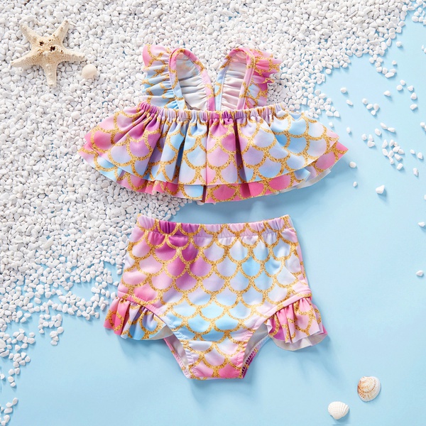 2-piece Baby / Toddler Girl Pretty Mermaid Scale Print Layered Top and Ruffled Bottom Swimsuit Set