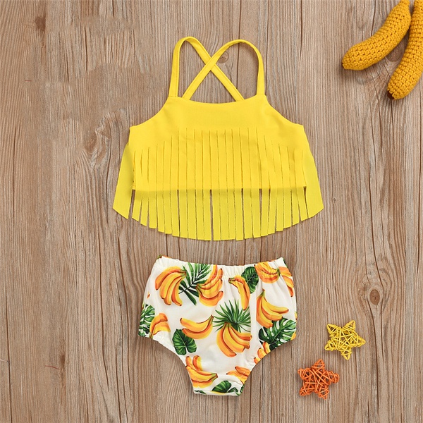 Tasseled Decor Slip Top and Banana Print Shorts Swimsuit