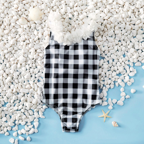 Baby / Toddler Girl Stylish Floral Collar Plaid One-piece Swimsuit