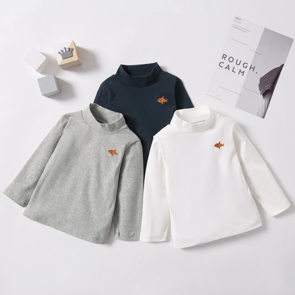 Baby / Toddler Causal Embroidered Solid Hight Neck Long-sleeve Tee