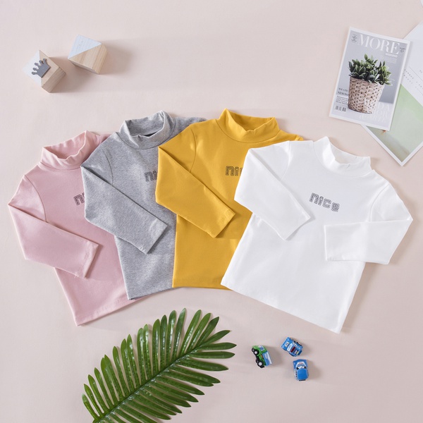 Toddler Causal Letter Solid Hight Neck Long-sleeve Tee