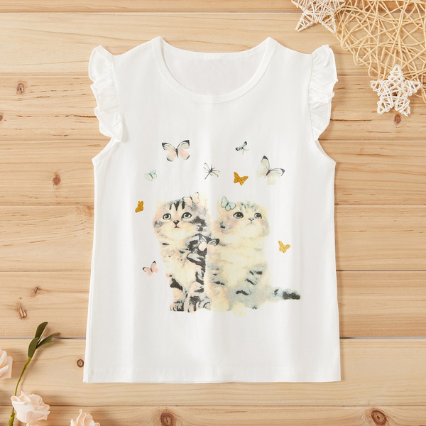 Toddler Girl Adorable Cat Print Flutter-sleeve Tee