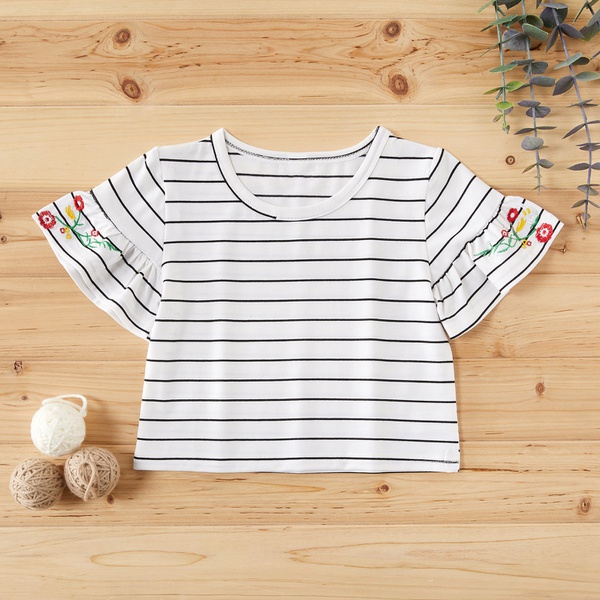 Toddler Girl Pretty Floral Embroidery Striped Tee