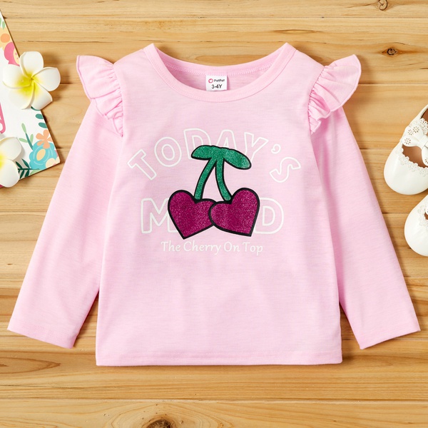 Toddler Girl Fruit Pattern Letter Print Ruffled Long-sleeve Tee