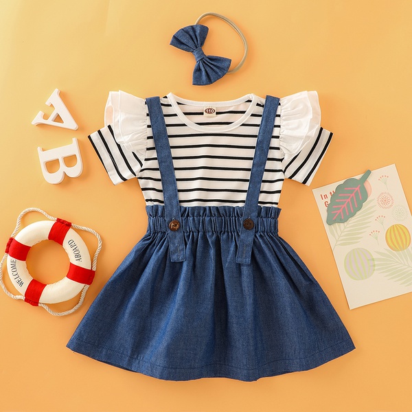 3-piece Baby / Toddler Girl Striped Top and Solid Skirt with Headband Set