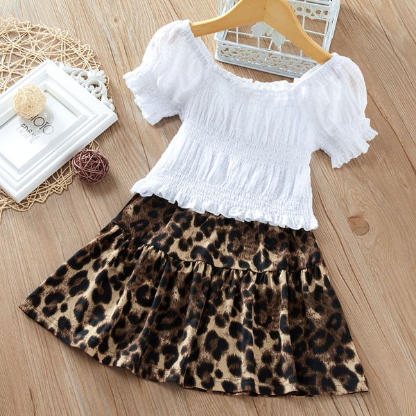 2-piece Toddler Girl Ruffled Solid Short-sleeve Top and Leopard Pattern Skirt Set